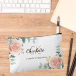 Rose gold floral greenery name monogram accessory pouch<br><div class="desc">White background,  black and golden text. Decorated with watercolored rose gold roses,  eucalyptus greenery and golden sprigs. 
Personalise and add your first name,  monogram initials and full name.</div>