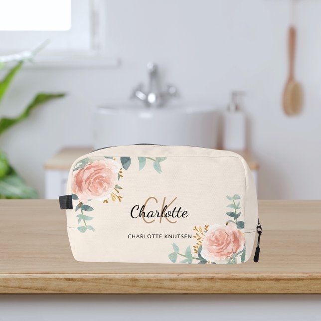 Rose gold floral greenery name monogram dopp kit (Creator Uploaded)