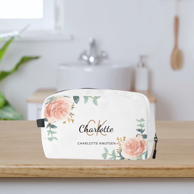 Rose gold floral greenery name monogram dopp kit (Creator Uploaded)