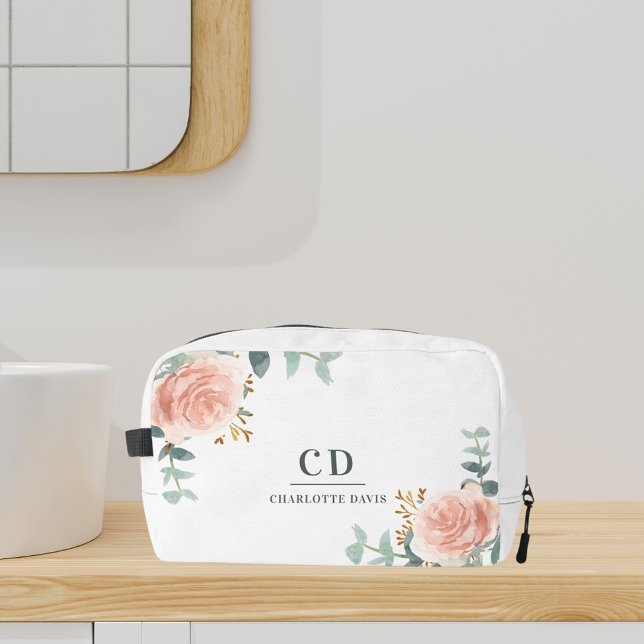 Rose gold floral greenery name monogram dopp kit (Creator Uploaded)