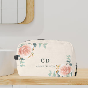 Rose gold floral greenery name monogram dopp kit