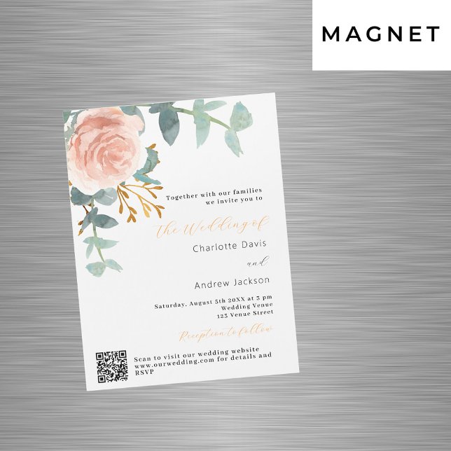 Rose gold floral  greenery QR RSVP luxury wedding Magnetic Invitation (Creator Uploaded)