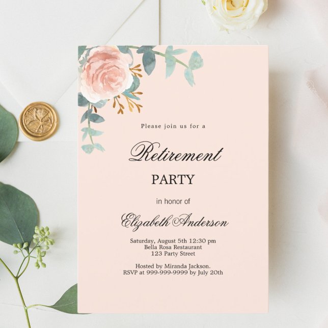 Rose gold floral greenery retirement party invitation (Creator Uploaded)