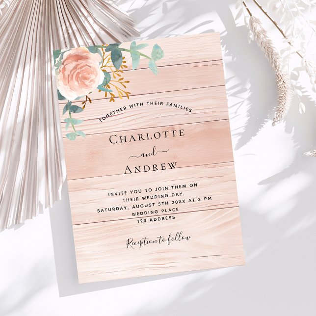 Rose gold floral greenery wood wedding invitation (Creator Uploaded)