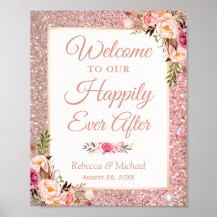 Rose Gold Floral Happily Ever After Wedding Sign