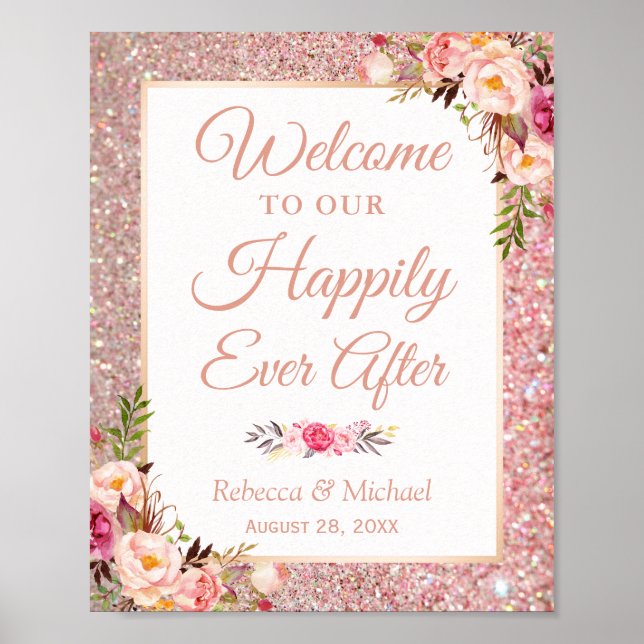 Rose Gold Floral Happily Ever After Wedding Sign (Front)