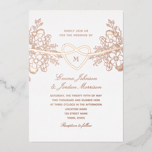 Rose Gold Floral Heart Wedding Foil Invite (Front)