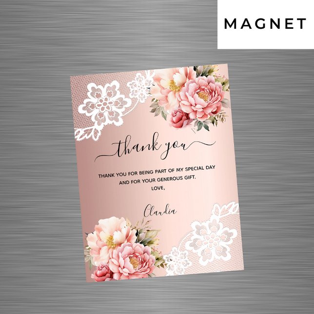 Rose gold floral lace thank you card magnet (Creator Uploaded)