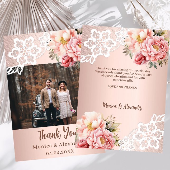 Rose gold floral lace wedding thank you card (Creator Uploaded)