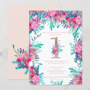 Rose gold floral letter 1st birthday blush pink invitation