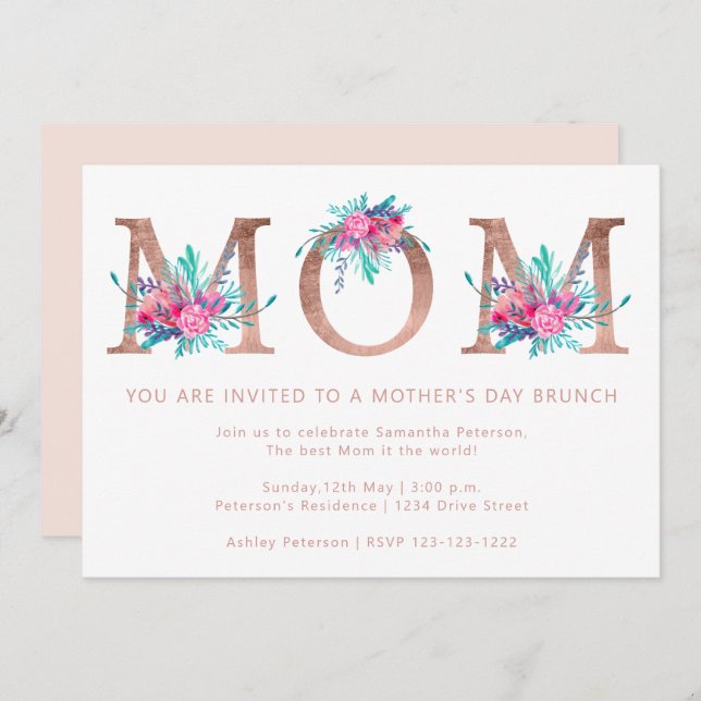 Rose gold floral letter Mum blush pink mothers day Invitation (Front/Back)