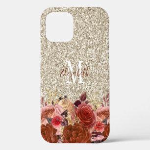 Rose Gold Floral Light Gold Glitter Monogram iPhone 12 Case