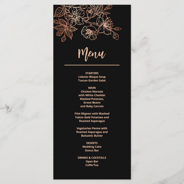 Rose Gold Floral Line Art Black Wedding Menu (Front)