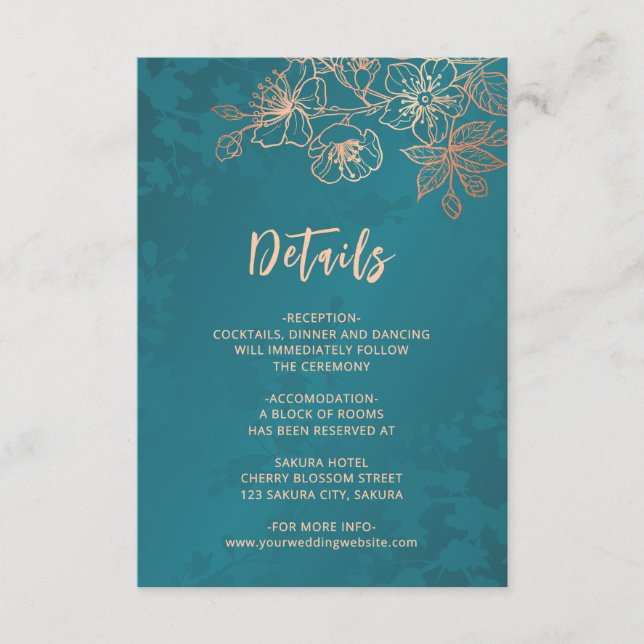 Rose Gold Floral Line Art Teal Wedding Enclosure Card (Front)