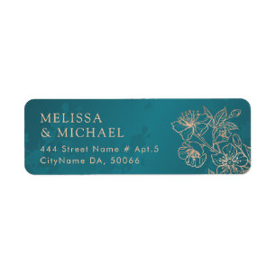 Rose Gold Floral Line Art Teal Wedding Return Address Label