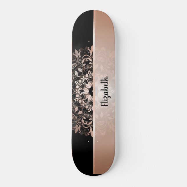 Rose Gold Floral Mandala Add Name Black Skateboard (Front)