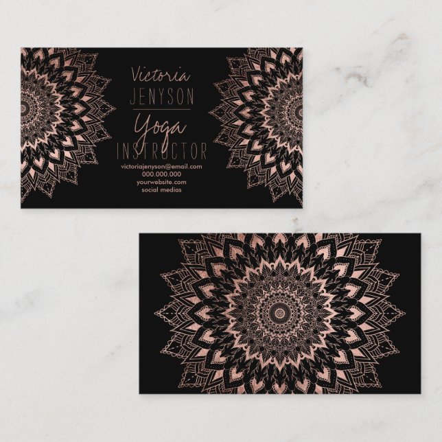 Rose gold floral mandala black yoga instructor business card (Front/Back)