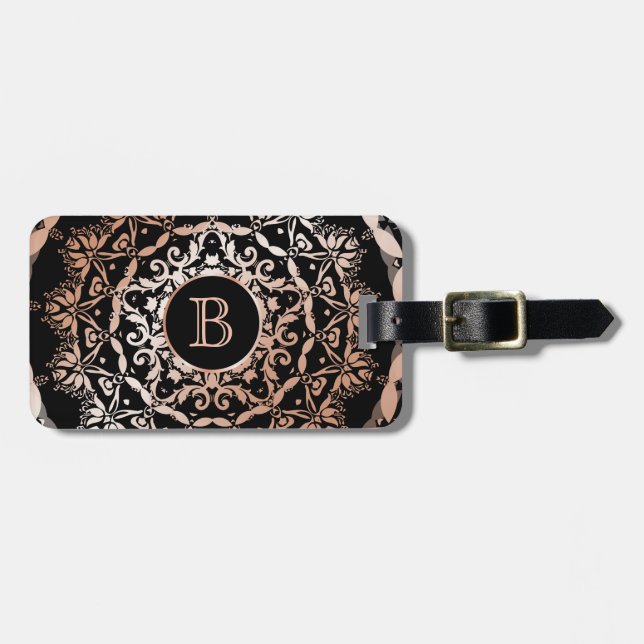 Rose Gold Floral Mandala Monogram Luggage Tag (Front Horizontal)