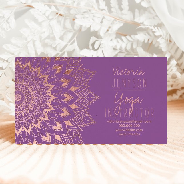 Rose gold floral mandala purple yoga instructor business card (Creator Uploaded)