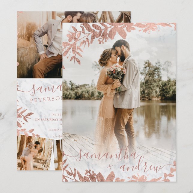 Rose gold floral marble script 5 photos wedding invitation (Front/Back)
