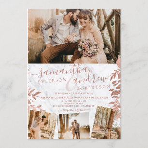Rose gold floral marble spanish 5 photos wedding invitation