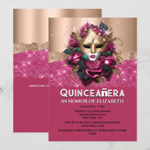 Rose gold floral masquerade Quinceañera birthday  Invitation