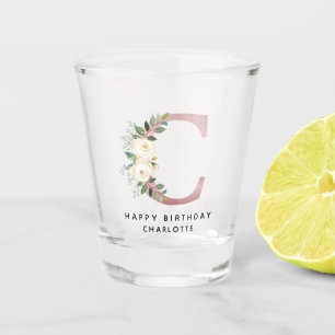Rose Gold Floral Monogram Personalised Name Shot Glass