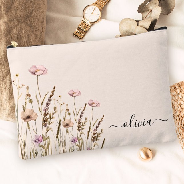 Rose Gold Floral Name Monogram Accessory Pouch (Creator Uploaded)