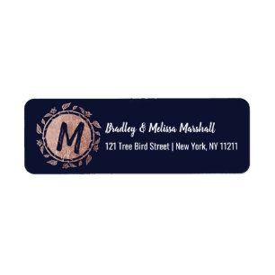 Rose Gold Floral Navy Blue Brush Script Address Return Address Label