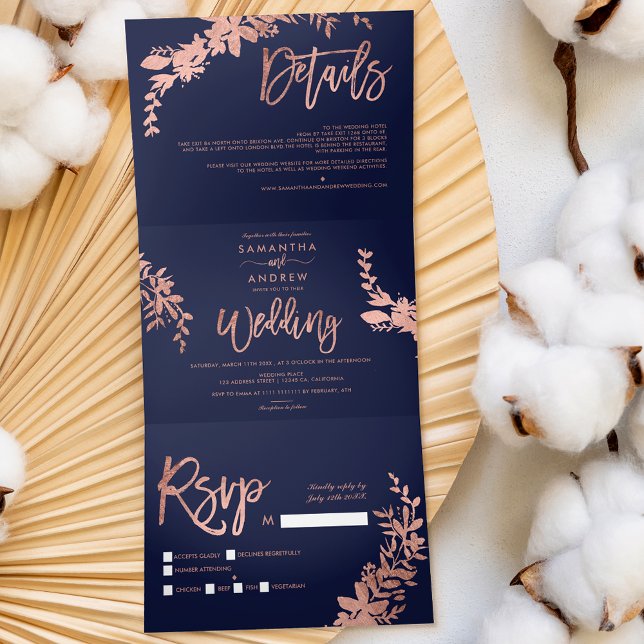 Rose gold Floral navy blue elegant script wedding Tri-Fold Invitation (Creator Uploaded)
