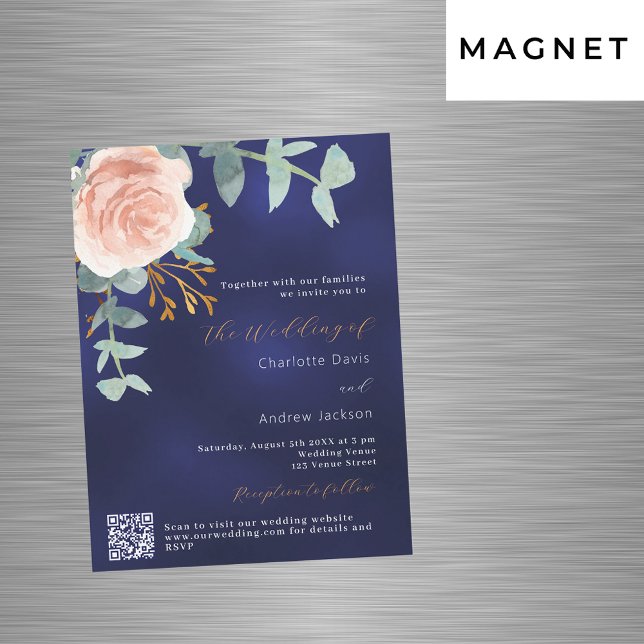 Rose gold floral navy blue QR RSVP luxury wedding Magnetic Invitation (Creator Uploaded)