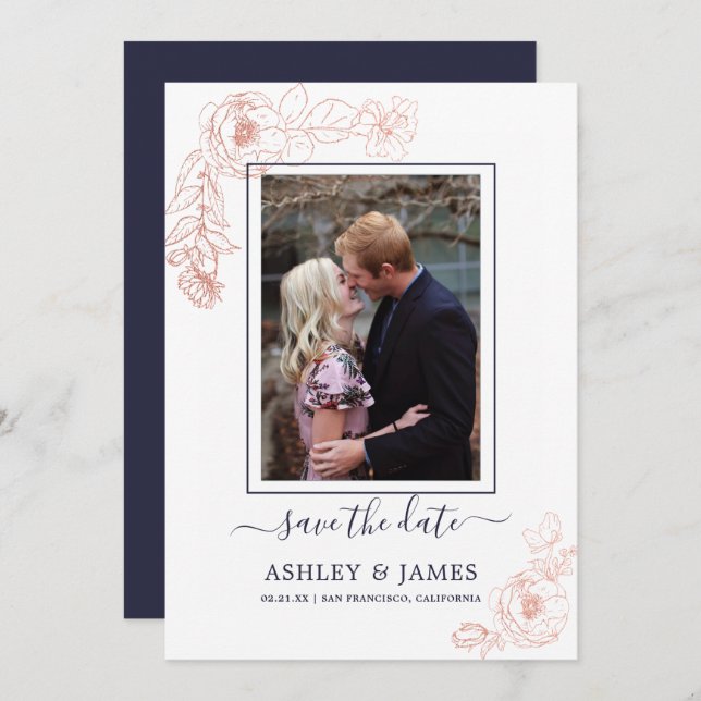 Rose Gold Floral Navy Photo Wedding Save The Date Invitation (Front/Back)