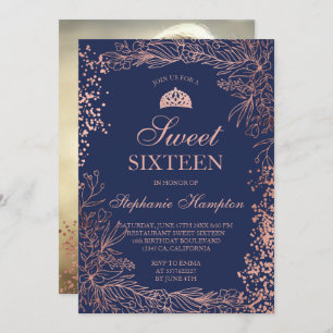 Rose gold floral navy Tiara chic Sweet 16 Invitation