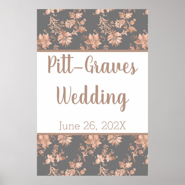 Rose Gold Floral on Grey Wedding  Poster (Front)