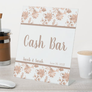 Rose Gold Floral on White Cash Bar Pedestal Sign
