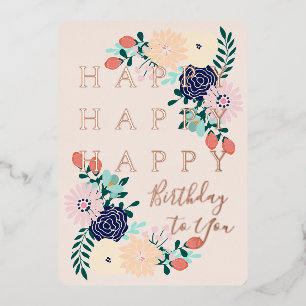 Rose Gold Floral Photo Happy Birthday Card