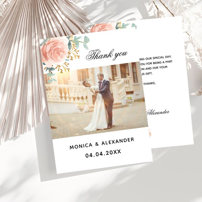 Rose gold floral photo wedding thank you card (Creator Uploaded)