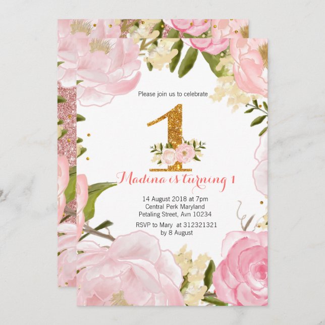 Rose gold floral pink 1st birthday invitations (Front/Back)