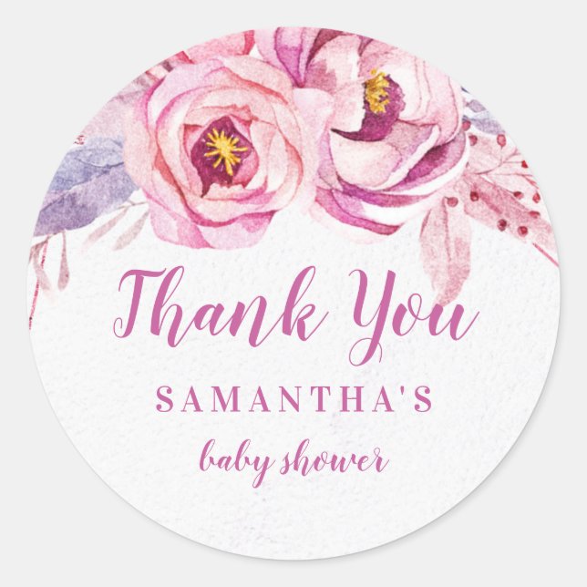 Rose Gold Floral Pink Purple Baby Girl Baby Shower Classic Round Sticker (Front)