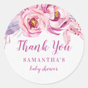 Rose Gold Floral Pink Purple Baby Girl Baby Shower Classic Round Sticker