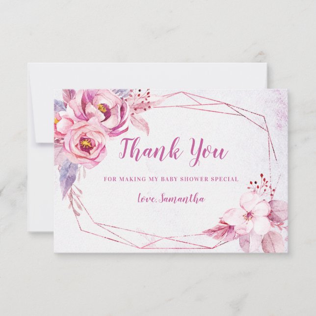 Rose Gold Floral Pink Purple Geometric Baby Shower Thank You Card (Front)