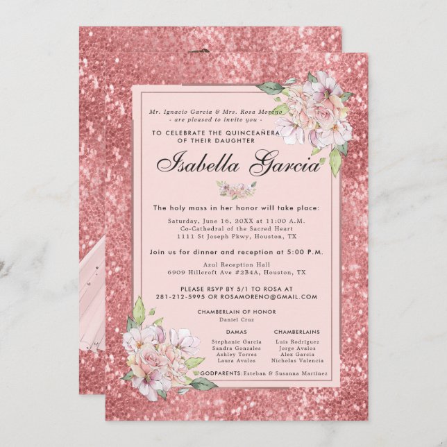 Rose Gold Floral Quinceañera Birthday Invitation (Front/Back)