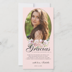 Rose Gold Floral Quinceañera Photo Thank You Card
