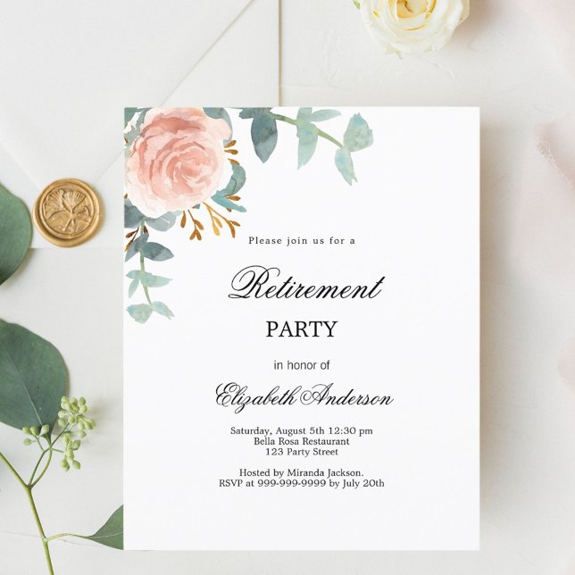 Rose gold floral retirement party invitation (Creator Uploaded)