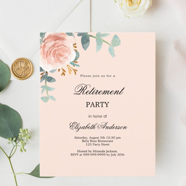 Rose gold floral retirement party invitation (Creator Uploaded)