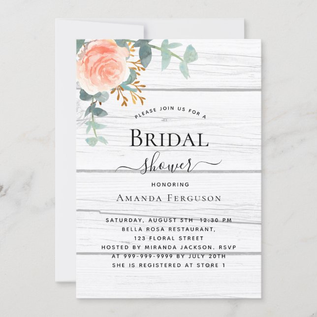 Rose gold floral rustic white wood Bridal Shower Invitation (Front)