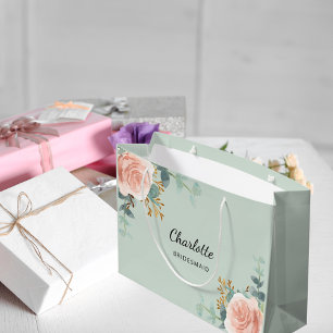 Rose gold floral sage green bridesmaid large gift bag