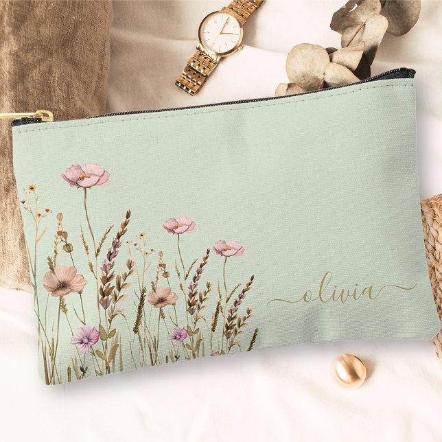 Rose Gold Floral Sage Green Gold Name Monogram Accessory Pouch (Creator Uploaded)