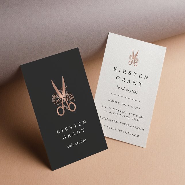 Rose Gold Floral Scissors Logo Hairstylist Business Card (Creator Uploaded)
