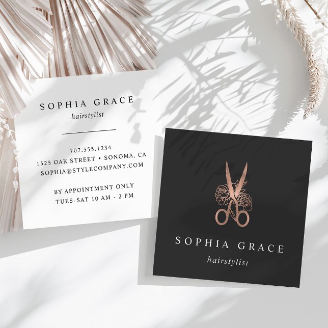 Rose Gold Floral Scissors Logo Hairstylist Square Business Card (Creator Uploaded)